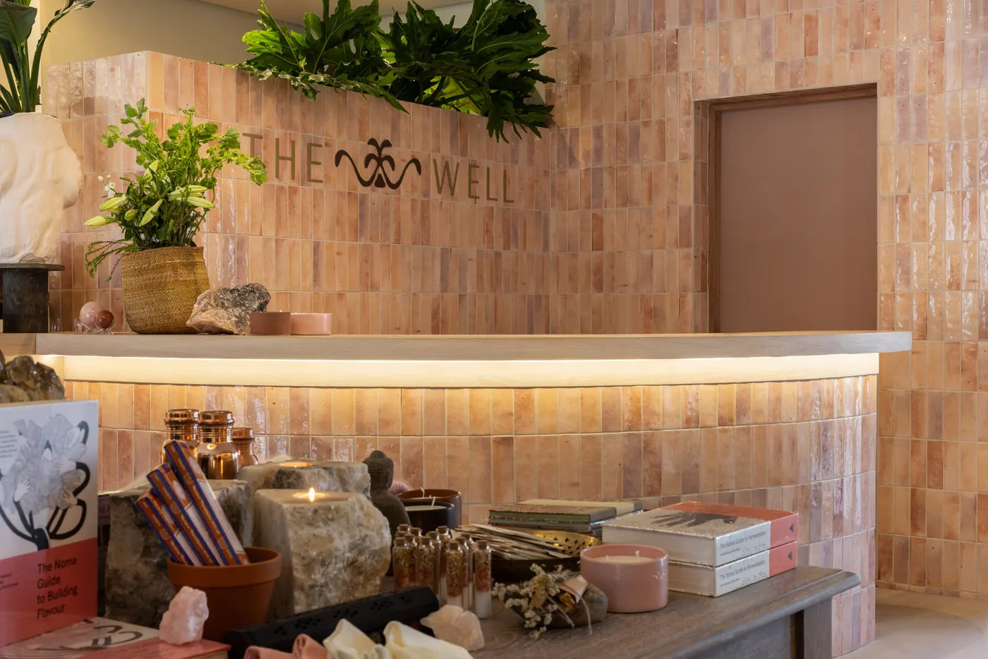 The Well reception desk and curated apothecary display